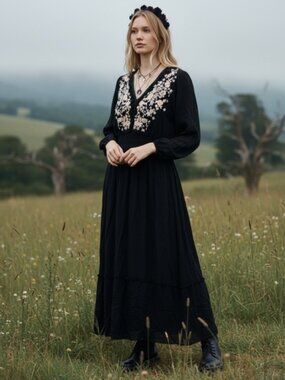 ANDREE BY UNIT | Dresses | Andree By Unit Womens Embroidered Long Sleeves  Maxi Dress Size L Burgundy Boho | Poshmark